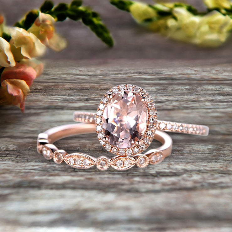 1.75 Carat Morganite Wedding Set Engagement Ring Oval Shaped Art Deco Bridal Ring On 10k  Rose Gold 