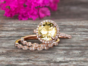 14k Rose Gold 2 Carat Round Cut Champagne Diamond Moissanite Trio Set Engagement Ring Halo Stacking Matching Band