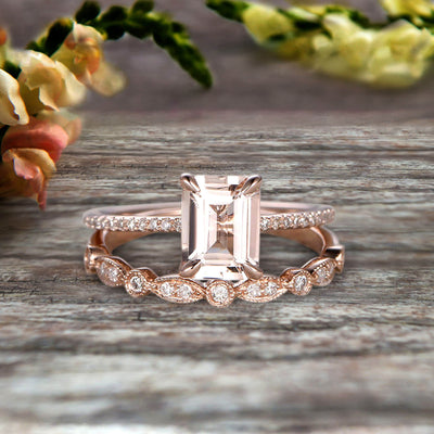 1.50 Carat Emerald Cut Art Deco Morganite 10k Rose Gold Wedding Set Engagement Ring Anniversar Ring Surprisingly