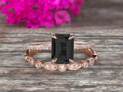 1.50 Carat Emerald Cut Art Deco Black Diamond Moissanite 10k Rose Gold Wedding Set Engagement Ring Anniversar Ring Surprisingly