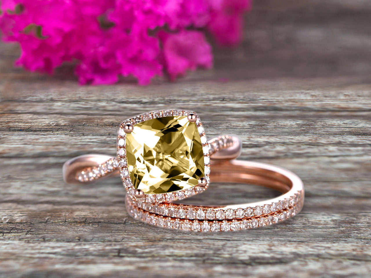 Pink Diamond Double Halo Cushion Engagement Ring with Split Band – deBebians
