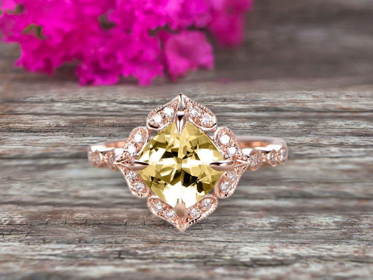 Milgrain Cushion Cut Champagne Diamond Moissanite Engagement Ring 1.25 Carat Glaring Wedding Ring 10k Rose Gold Floral Art Deco