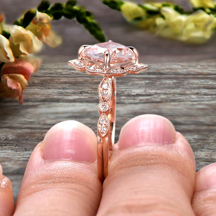 Milgrain Cushion Cut Morganite Engagement Ring 1.25 Carat Glaring Wedding Ring 10k Rose Gold Floral Art Deco
