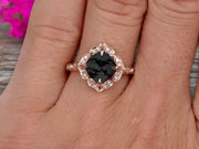 Milgrain Cushion Cut Black Diamond Moissanite Engagement Ring 1.25 Carat Glaring Wedding Ring 10k Rose Gold Floral Art Deco