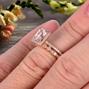 Halo Art Deco 1.75 Carat Emerald Cut Morganite Wedding Set Bridal Ring Engagement Ring Set On 10k Rose Gold Stacking Matching Band Anniversary Gift