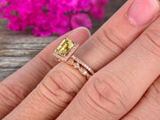 Halo Art Deco 1.75 Carat Emerald Cut Champagne Diamond Moissanite Wedding Set Bridal Ring Engagement Ring Set On 10k Rose Gold Stacking Matching Band Anniversary Gift