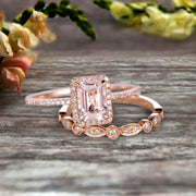 Halo Art Deco 1.75 Carat Emerald Cut Morganite Wedding Set Bridal Ring Engagement Ring Set On 10k Rose Gold Stacking Matching Band Anniversary Gift
