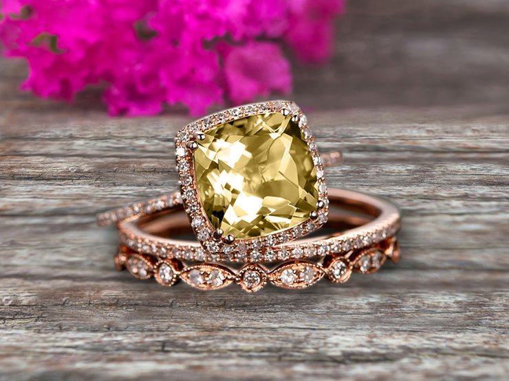 Art Deco 2 ct Moissanite and Diamond Trio Wedding Ring Set in 10K White Gold 