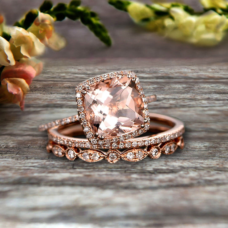 Pear Shaped Morganite with Diamond Halo Ring in 14k Rose Gold