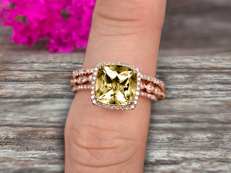Art Deco 2 Carat Cushion Cut Champagne Diamond Moissanite Wedding Ring Set On 10k Rose Gold Engagement Ring Matching Wedding Band Imaginative Gift