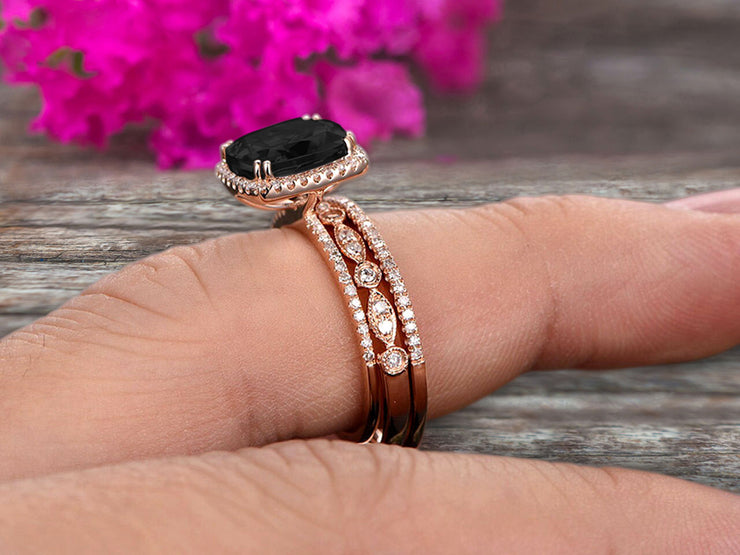 Art Deco 2 Carat Cushion Cut Black Diamond Moissanite Wedding Ring Set On 10k Rose Gold Engagement Ring  Matching Wedding Band Imaginative Gift