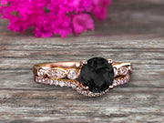 1.50 Carat Black Diamond Moissanite Rose Gold Wedding Set Bridal Ring Art Deco Halo Stacking Matching Band Round Cut Gemstone Astonishing Looking Anniversary Gift