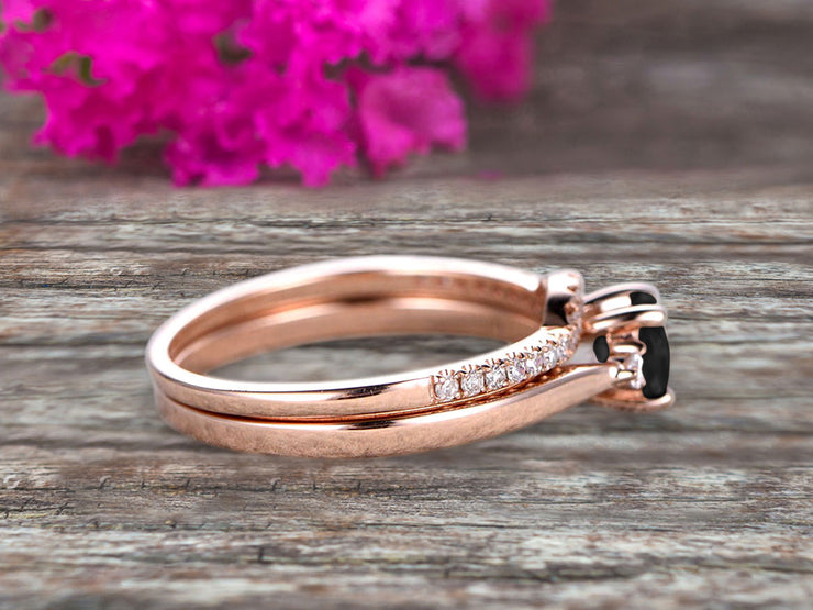 Startling 1.50 Carat Black Diamond Moissanite Round Cut  10k Rose Gold Engagement Ring Anniversary Gift Wedding Set Curved Eternity Ring