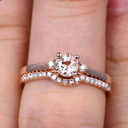 Startling 1.50 Carat Morganite Round Cut  10k Rose Gold Engagement Ring Anniversary Gift Wedding Set Curved Eternity Ring