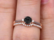 Startling 1.50 Carat Black Diamond Moissanite Round Cut  10k Rose Gold Engagement Ring Anniversary Gift Wedding Set Curved Eternity Ring