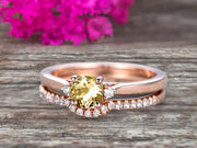 Startling 1.50 Carat Champagne Diamond Moissanite Round Cut 10k Rose Gold Engagement Ring Anniversary Gift Wedding Set Curved Eternity Ring