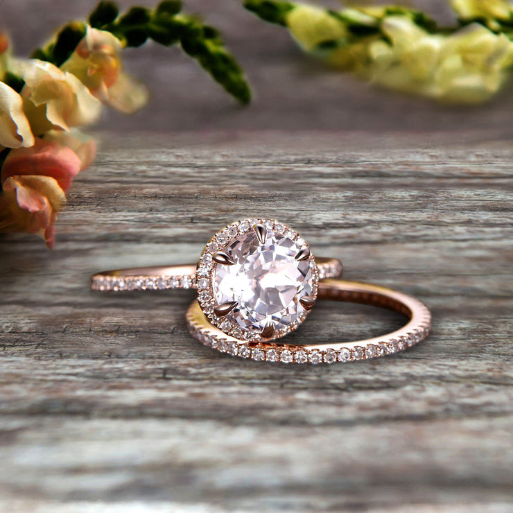 1.75 Carat Round Morganite Bridal Set 10k Rose Gold Engagement Ring Halo Stacking Matching Band Promise Ring Anniversary Ring Surprisingly Ring