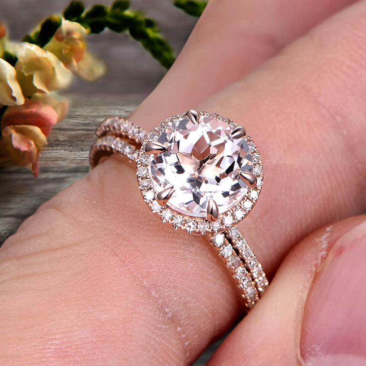 3Pcs 1.75 Carat 10k Rose Gold Morganite Engagement Ring Set