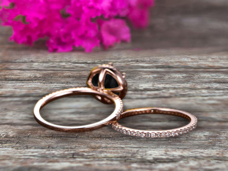 1.75 Carat Round Black Diamond Moissanite Bridal Set 10k Rose Gold Engagement Ring Halo Stacking Matching Band Promise Ring Anniversary Ring Surprisingly Ring