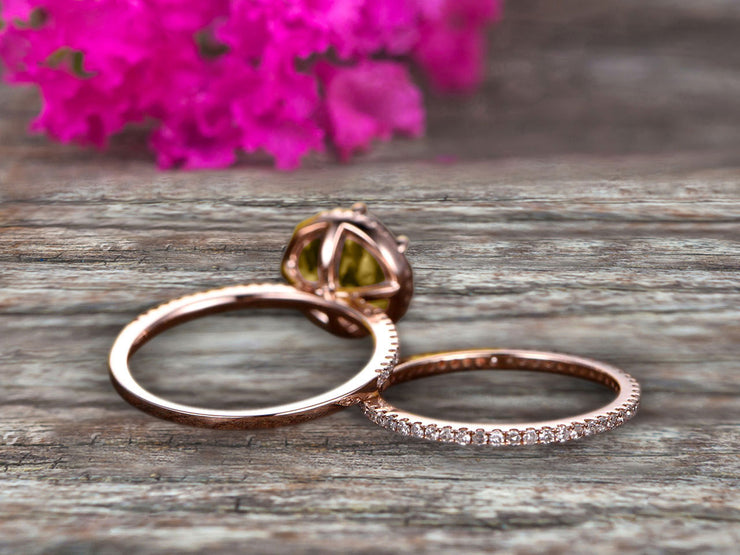 1.75 Carat Round Champagne Diamond Moissanite Bridal Set 10k Rose Gold Engagement Ring Halo Stacking Matching Band Promise Ring Anniversary Ring Surprisingly Ring