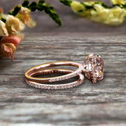 1.75 Carat Round Morganite Bridal Set 10k Rose Gold Engagement Ring Halo Stacking Matching Band Promise Ring Anniversary Ring Surprisingly Ring
