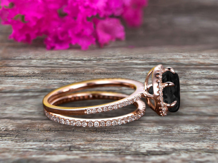 1.75 Carat Round Black Diamond Moissanite Bridal Set 10k Rose Gold Engagement Ring Halo Stacking Matching Band Promise Ring Anniversary Ring Surprisingly Ring