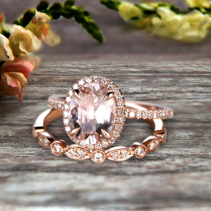 Milgrain Carat Oval Cut Morganite Wedding Set Bridal Ring On