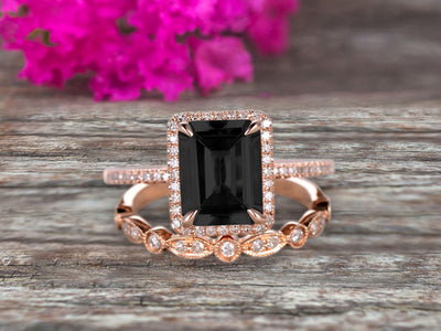 1.75 Carat Emerald Cut Black Diamond Moissanite Engagement Ring Set Bridal Ring 10k Rose Gold Art Deco Halo Stacking Matching Band Shining Startling Ring Gift
