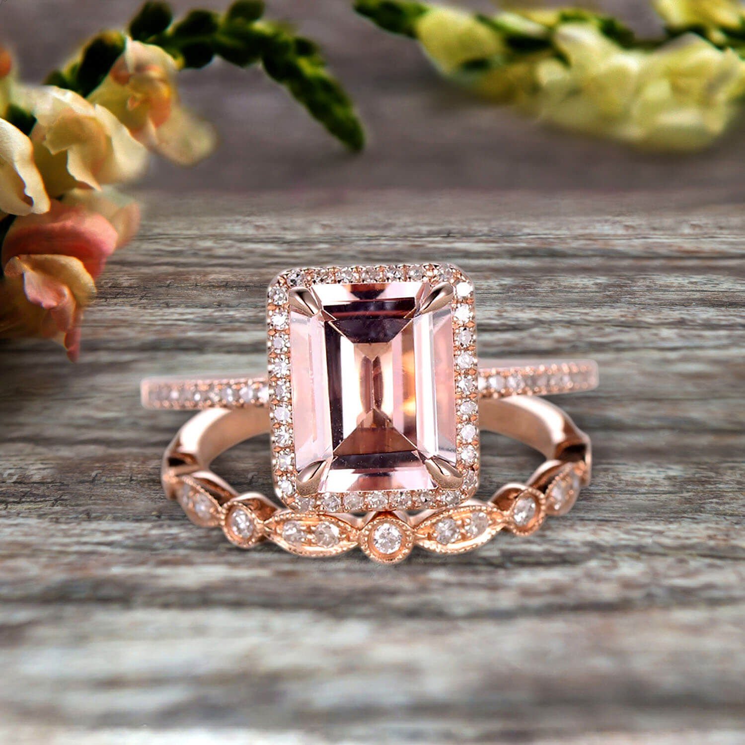 7x9mm Emerald Cut Pink Morganite Engagement Ring,14K Plain White  Gold,Solitaire Ring,Heart Side Design | Amazon.com