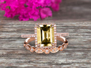 1.75 Carat Emerald Cut Champagne Diamond Moissanite Engagement Ring Set Bridal Ring 10k Rose Gold Art Deco Halo Stacking Matching Band Shining Startling Ring Gift