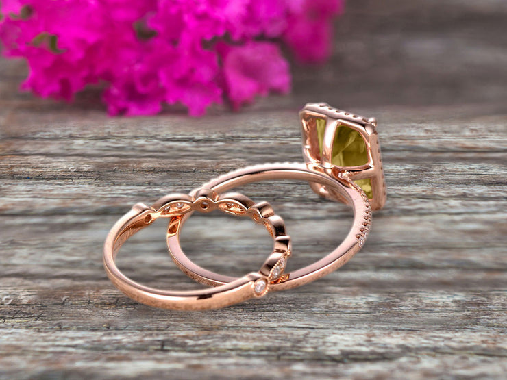 1.75 Carat Emerald Cut Champagne Diamond Moissanite Engagement Ring Set Bridal Ring 10k Rose Gold Art Deco Halo Stacking Matching Band Shining Startling Ring Gift