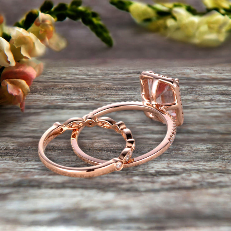 1.75 Carat Emerald Cut Morganite Engagement Ring Set Bridal Ring 10k Rose Gold Art Deco Halo Stacking Matching Band Shining Startling Ring Gift