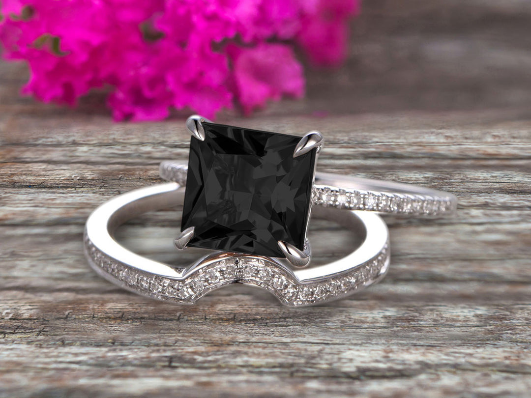 Black princess cut diamond engagement ring top
