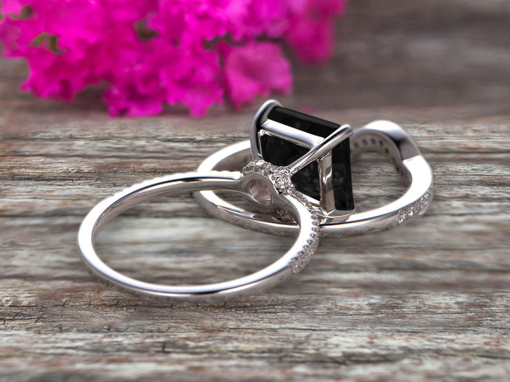 1.50 Carat Princess Cut Black Diamond Moissanite Wedding Set Engagement Bridal Ring Set On 10k White Gold Plain Edge Curved Matching Band Art Deco Glaring Staggering Ring