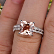 1.50 Carat Princess Cut Morganite Wedding Set Engagement Bridal Ring Set On 10k White Gold Plain Edge Curved Matching Band Art Deco Glaring Staggering Ring