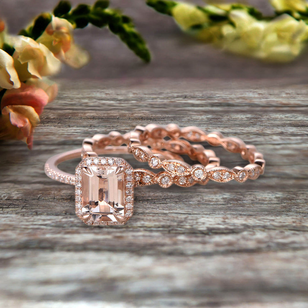 Disneys Emerald Cut Peach Morganite Wedding Ring, Vine Engagement Ring Silver 14K Two-Tone Gold Over, Statement Ring Promise Band on sale For Her