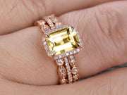 Milgrain Trio Set Emerald Cut Champagne Diamond Moissanite Wedding Set Engagement Ring Anniversary Ring 14k Rose Gold Art Deco Shining Startling Ring