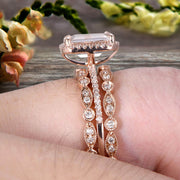 Milgrain Trio Set Emerald Cut Morganite Wedding Set Engagement Ring Anniversary Ring 14k Rose Gold Art Deco Shining Startling Ring