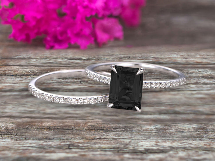 1.50 Carat Surprisingly Black Diamond Moissanite Engagement Ring On 10k White Gold Bridal Set Emerald Cut Thin Pave Stacking Band Art Deco 