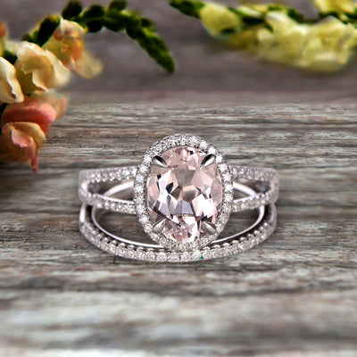 1.75 Carat Morganite Engagement Ring On 10k White Gold Halo Design Bridal Ring Set Oval Cut Gemstone Thin Pave Stacking Band Split Shank Surprisingly