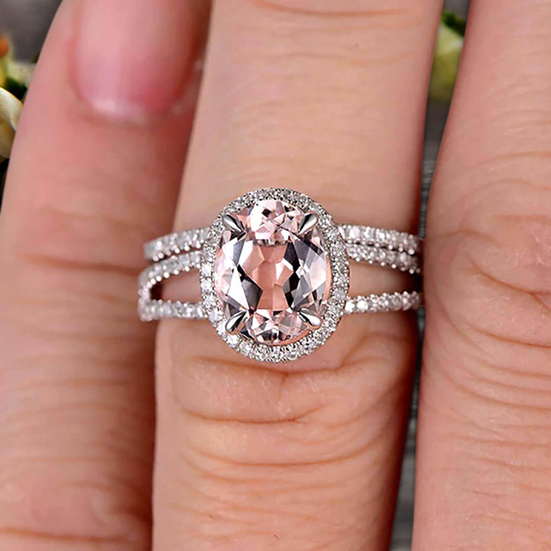 Oval Morganite & Diamond Halo Engagement Ring In Sterling Silver - Size 6, Comes With Jewelry Box