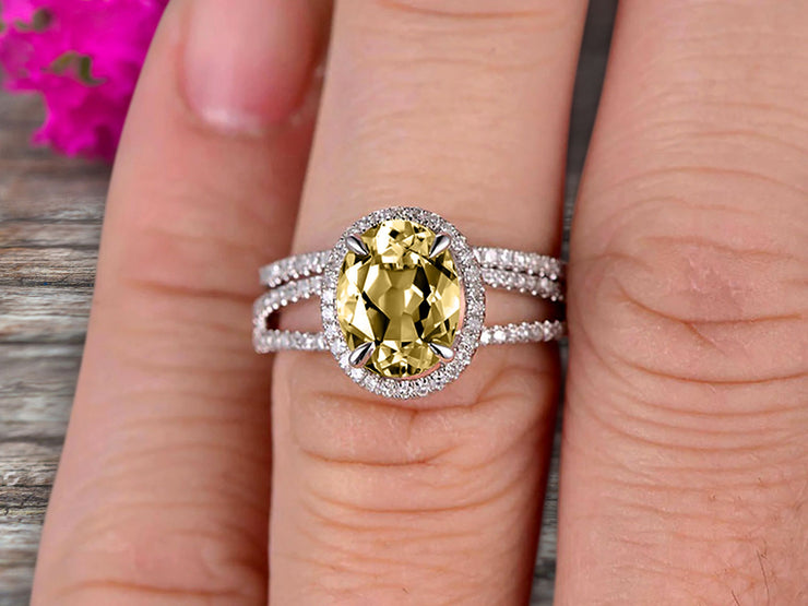 1.75 Carat Champagne Diamond Moissanite Engagement Ring On 10k White Gold Halo Design Bridal Ring Set Oval Cut Gemstone Thin Pave Stacking Band Split Shank Surprisingly