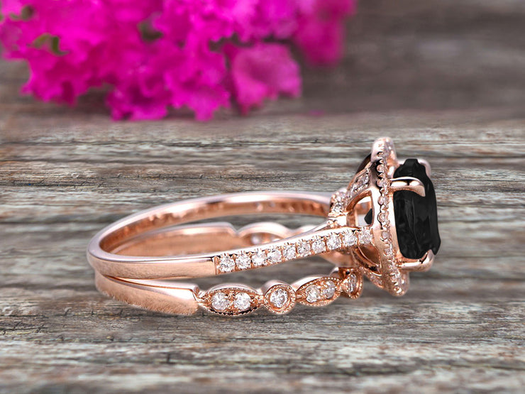 2 Carat Round Cut Black Diamond Moissanite 10k Rose Gold Wedding Set Half Eternity Ring Art Deco Stacking Band Engagement Ring Anniversary Gift Halo Milgrain