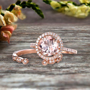 4 Carat Round Cut Morganite 10k Rose Gold Wedding Set Half Eternity Ring Art Deco Stacking Band Engagement Ring Anniversary Gift Halo Milgrain