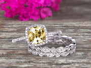 Milgrain Halo Art Deco 2 Carat Cushion Cut Champagne Diamond Moissanite Wedding Ring Set On 10k White Gold With Two Matching Band Anniversary Ring
