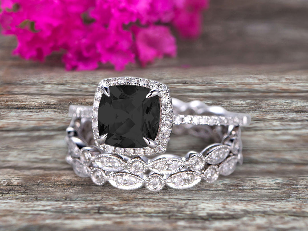 Halo high quality Vintage Inspired Ring, 2.00 Ct Pear Cut Black Moissanite Diamond Engagement Ring, Art Deco Milgrain Accents Retro Ring, 925 Silver Ring