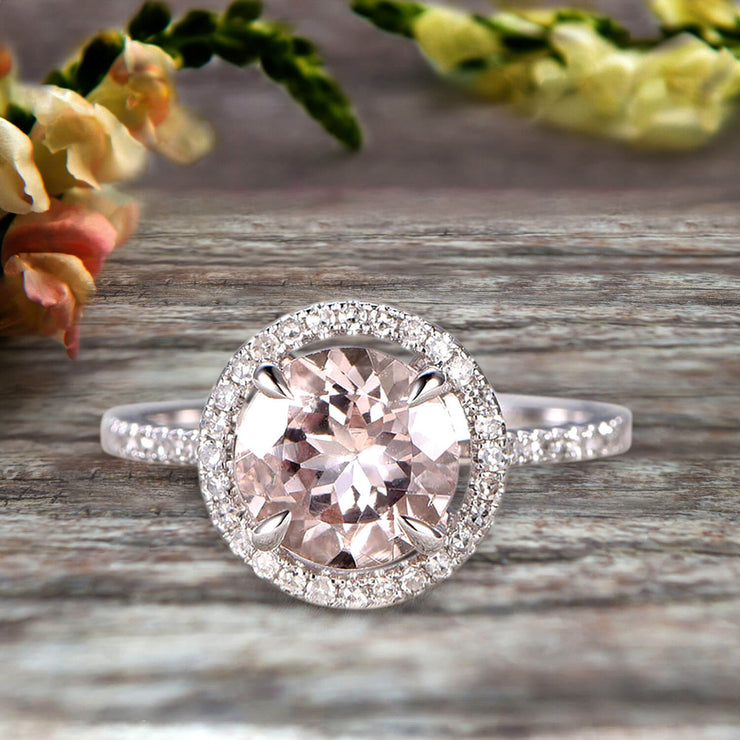 Surprisingly 1.75 Carat Morganite Engagement Ring On 10k White Gold Anniversary Ring With Float Halo Claw Prongs Promise Ring Round Cut Gemstone