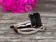 Art Deco 1.75 Carat Emerald Cut Black Diamond Moissanite Wedding Set 10k White Gold Bridal Ring Loop Infinity Stacking Matching Band 