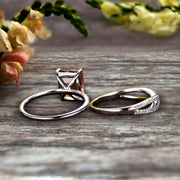 Art Deco 1.75 Carat Emerald Cut Morganite Wedding Set 10k White Gold Bridal Ring Loop Infinity Stacking Matching Band 