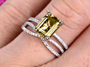 Art Deco 1.75 Carat Emerald Cut Champagne Diamond Moissanite Wedding Set 10k White Gold Bridal Ring Loop Infinity Stacking Matching Band 